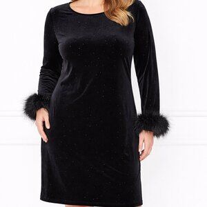 RARE EDITIONS Embellished Black Velvet Dress with Feather Cuffs Size 16 NEW